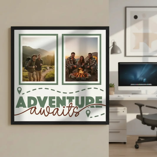 Design template with two photo frames and 'Adventure awaits' text on a white background
