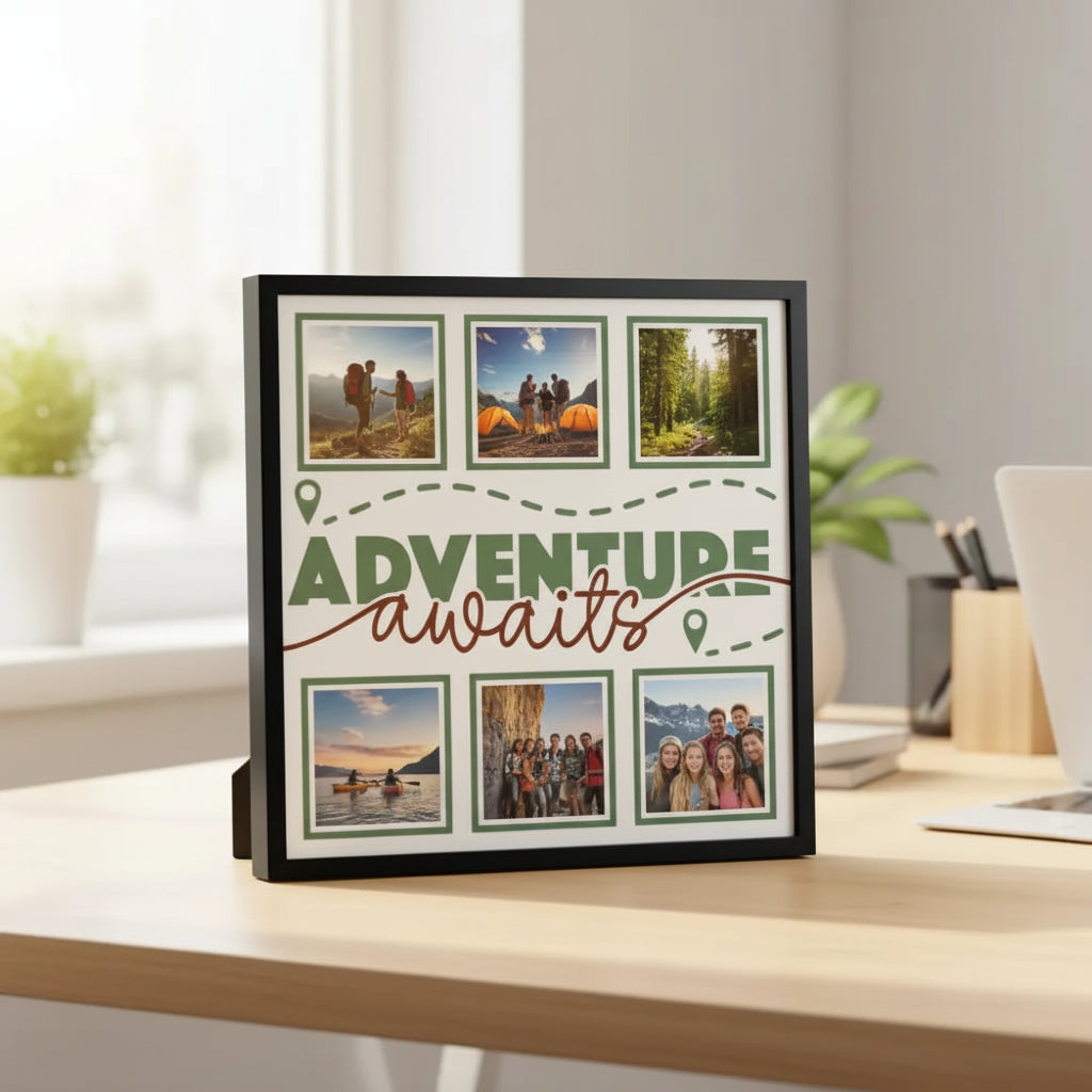 Decorative layout with 'Adventure awaits' text and placeholders for photos.