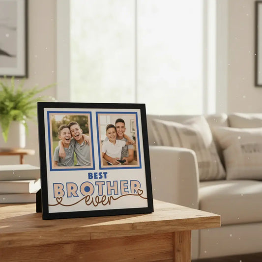 Two blue photo frames with 'Best Brother Ever' text on a white background