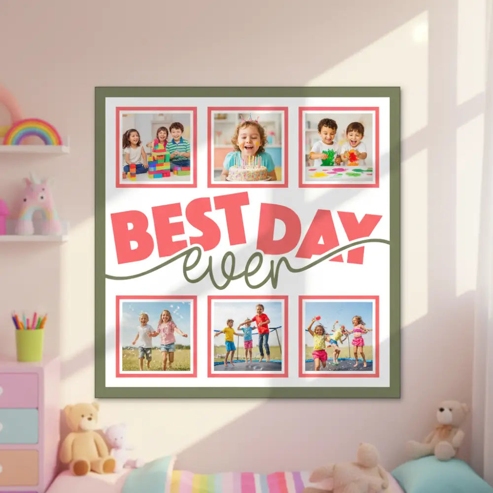 Design layout with 'BEST DAY EVER' text and pink placeholders on a white background