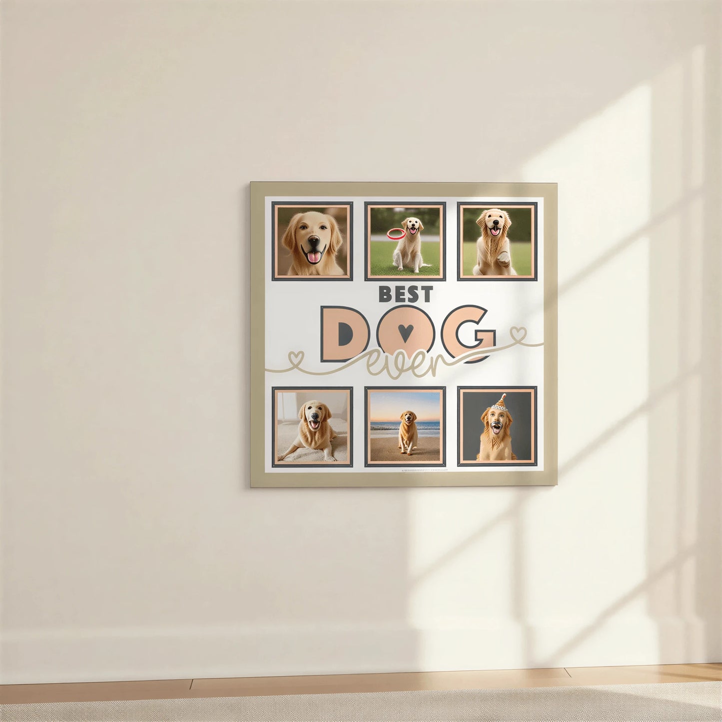 Decorative design with 'Best Dog Ever' text and heart symbols on a beige background.
