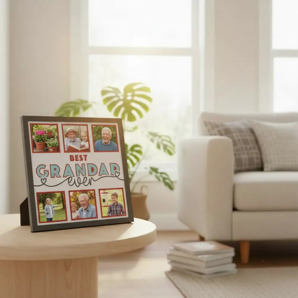 Design for a photo album page with 'Best Grandad Ever' text and red frames.