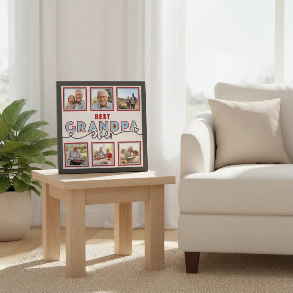 Decorative sign with 'Best Grandpa Ever' text and red square frames on a gray background