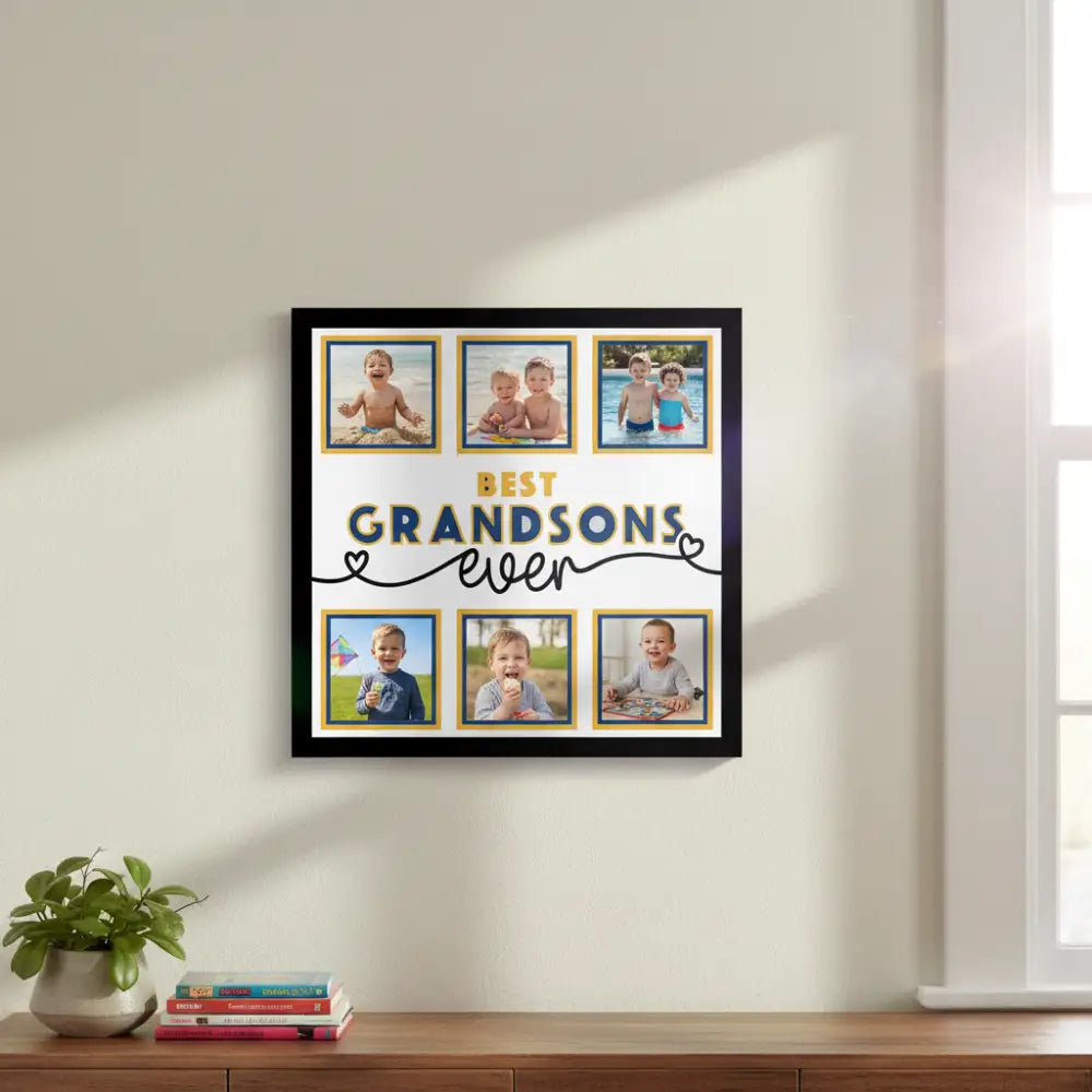 Decorative sign with 'Best Grandsons Ever' text and photo frames.
