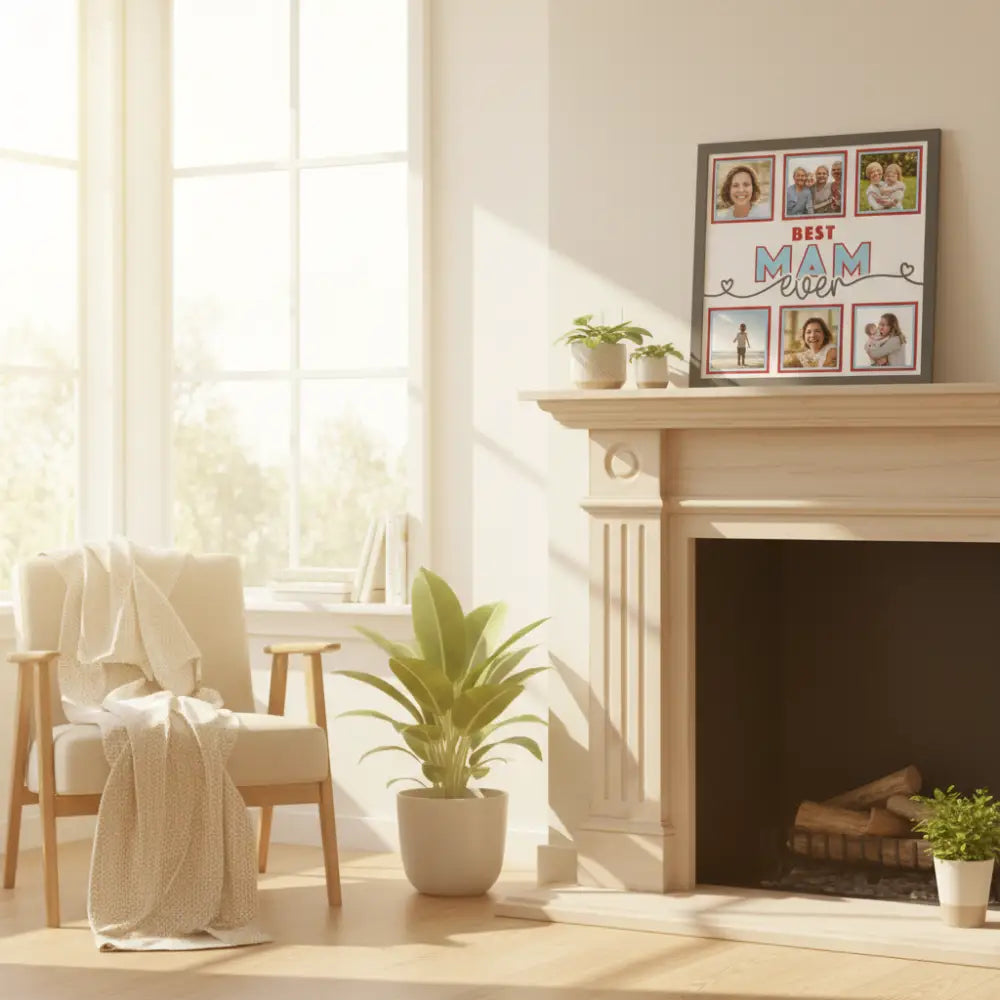 Decorative paper with 'Best Mam Ever' text and photo frames on a white background