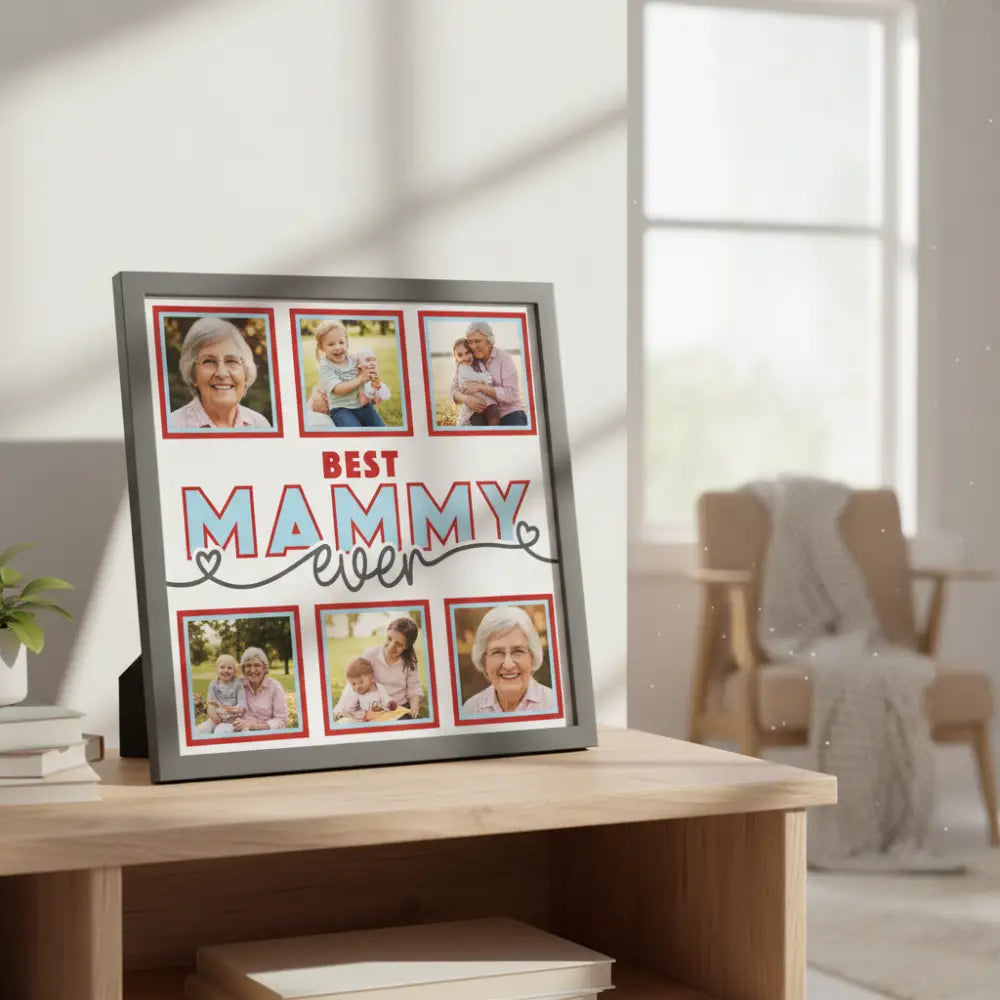 Decorative paper with 'Best Mammy Ever' text and red square frames on a white background