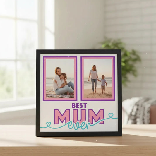 Two pink frames with 'Best Mum Ever' text on a blue border