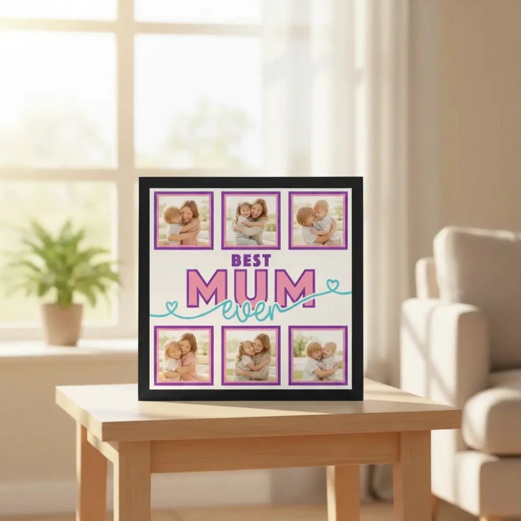 Template for a card with 'Best Mum Ever' text and pink frames on a blue border