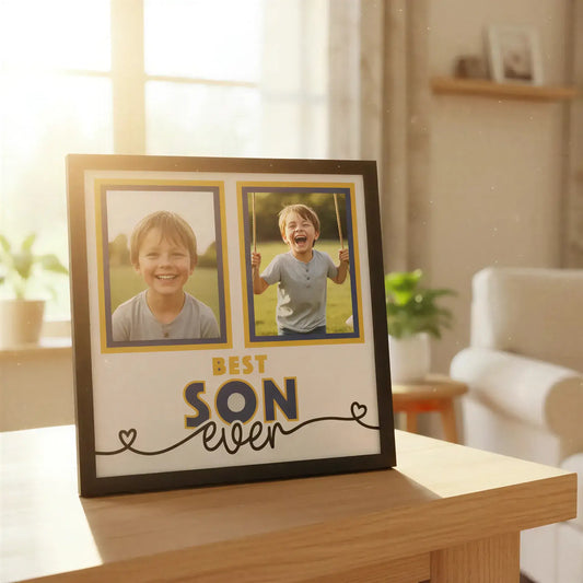 Two photo frames with blue and gold border and 'Best Son Ever' text on a white background.