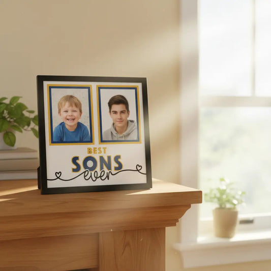 Two photo frames with blue borders and text 'Best Sons Ever' on a white background.