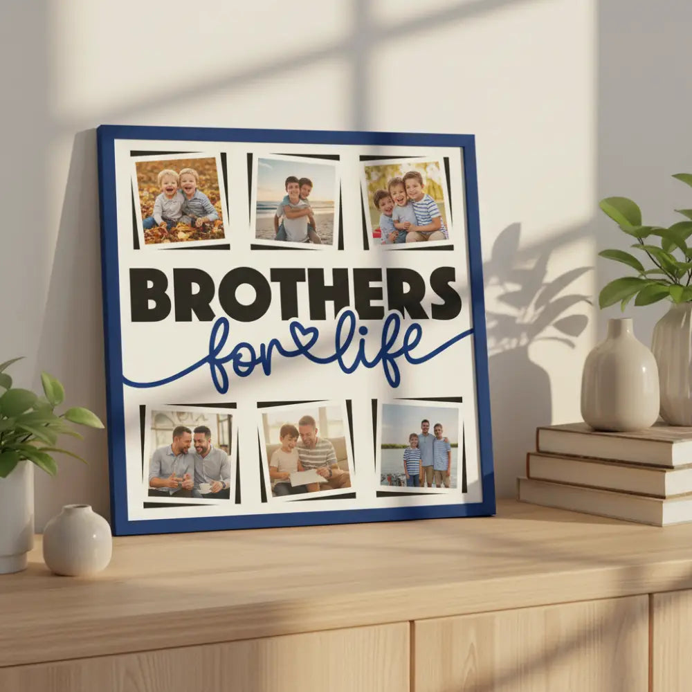 Design with 'Brothers for Life' text and photo frames on a blue border