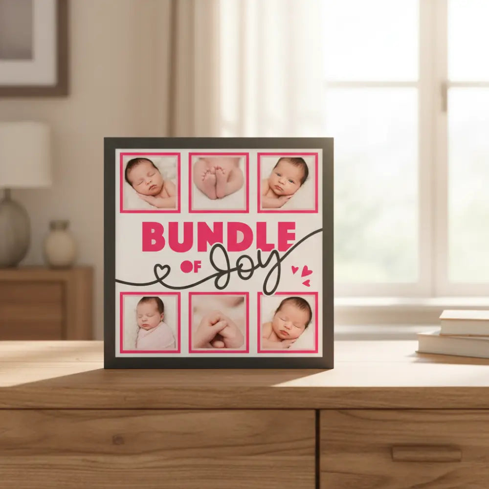 Template for a 'Bundle of Joy' layout with pink frames and text on a white background.