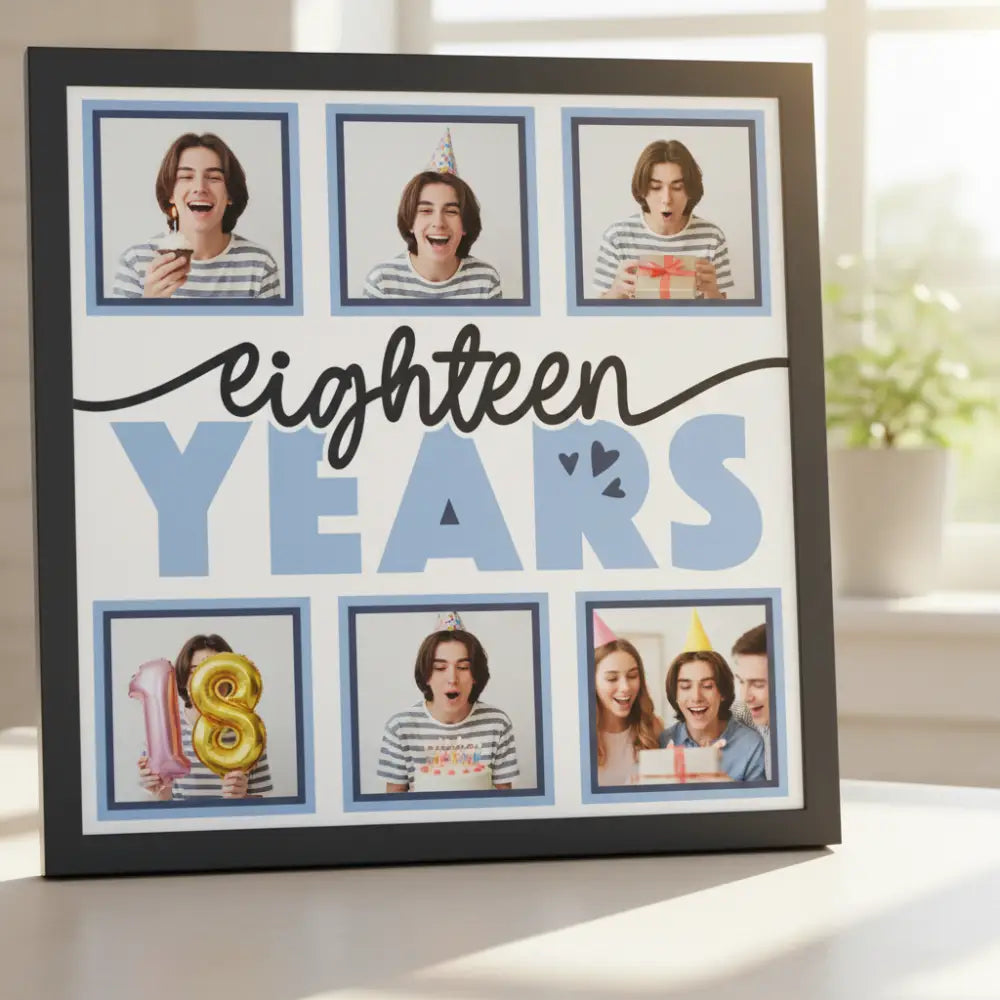 Decorative paper with 'eighteen YEARS' text and six photo frames on a white background