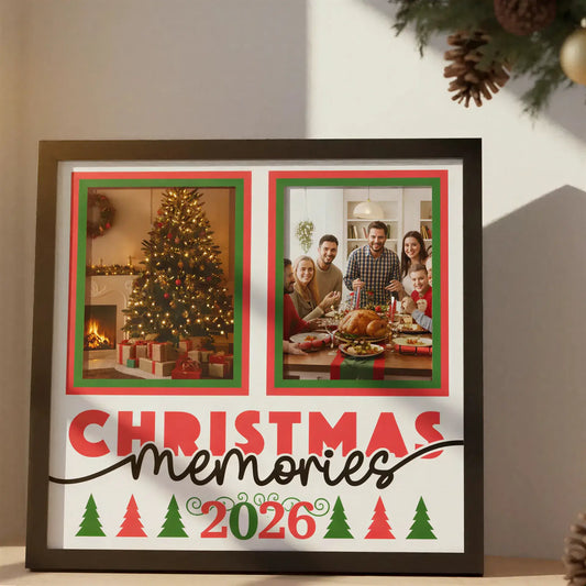 Two white frames with red and green borders on a white background with 'Christmas memories' text and Christmas tree icons.