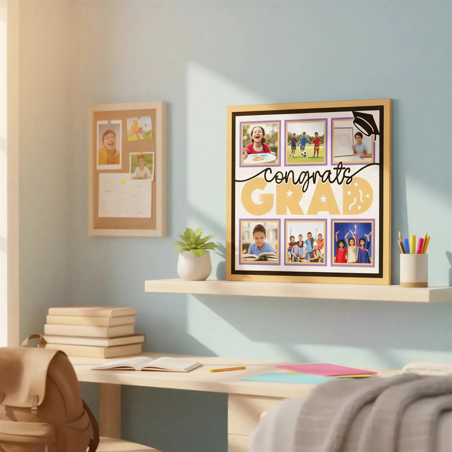 Graduation-themed scrapbook layout with 'Congrats Grad' text and decorative elements.