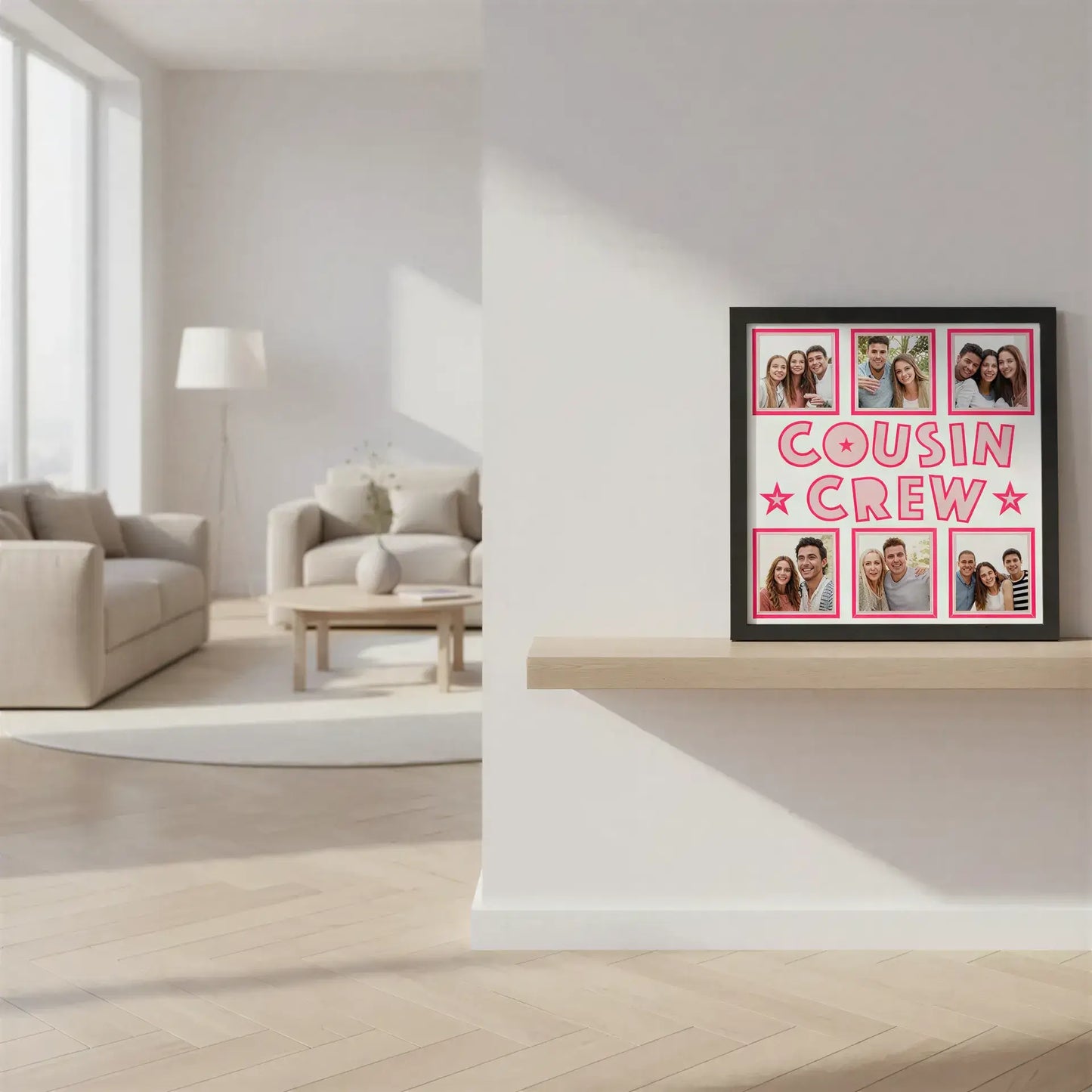 Decorative sign with 'Cousin Crew' text and pink stars on a white background