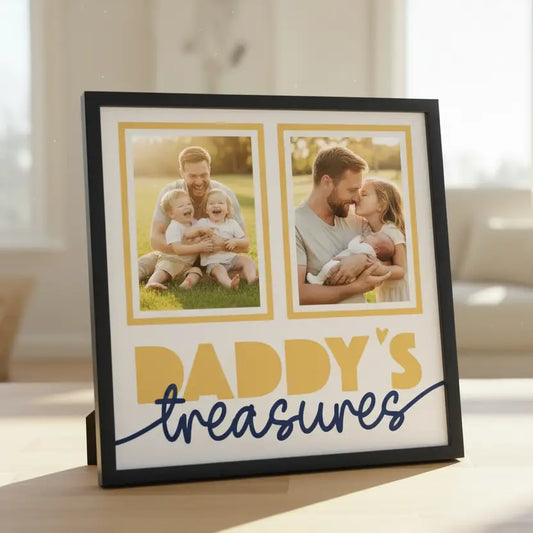 Two empty photo frames with 'Daddy's Treasures' text on a white background