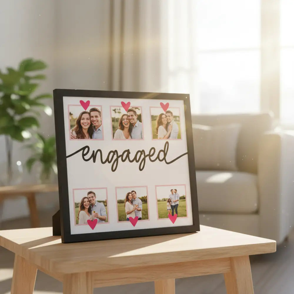 Decorative sign with 'engaged' text and pink hearts on a white background