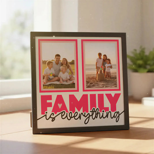 Two pink frames with 'Family is Everything' text on a white background