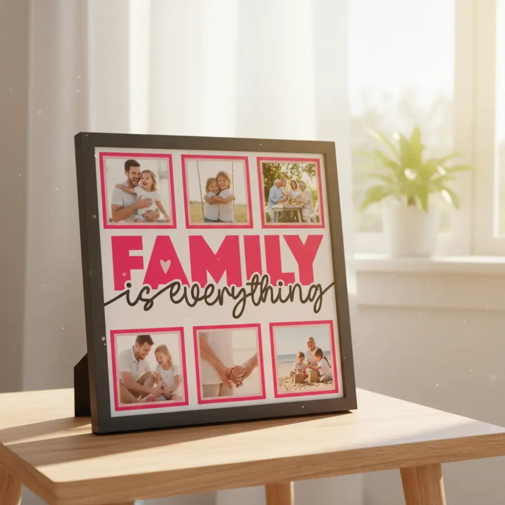 Decorative design with 'Family is everything' text and pink frames on a white background.