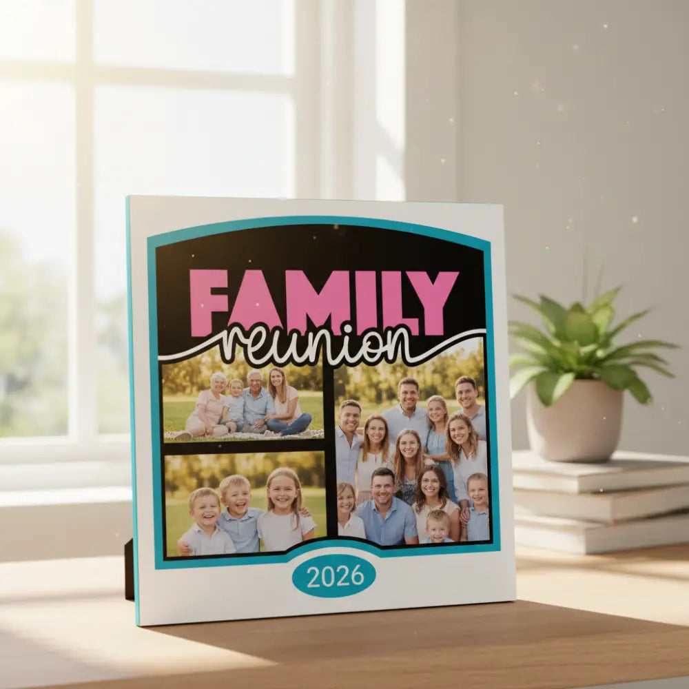 Family reunion graphic with pink text on a black and blue border