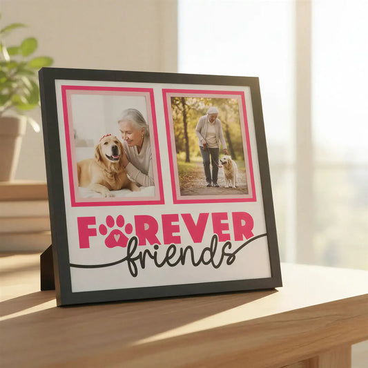 Framed artwork with 'Forever Friends' text and paw prints on a white background
