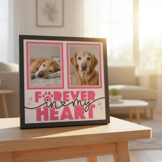 Two pink frames with 'Forever in My Heart' text on a white background