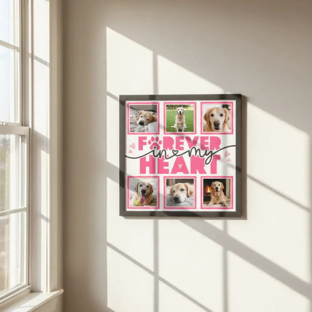 Memorial design with 'Forever in my heart' text and blank frames for photos on a black background.