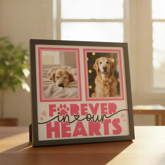 Memorial frame with 'Forever in our Hearts' text and paw prints on a white background.