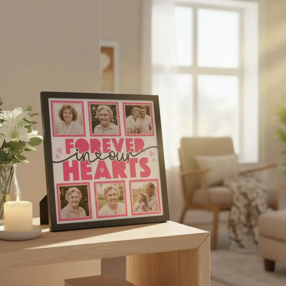 Memorial design with 'Forever in our Hearts' text and pink frames.