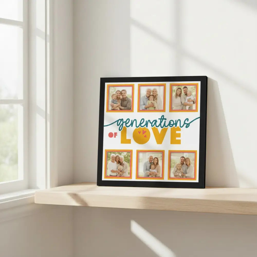 Design template with 'generations of love' text and frames on a teal background