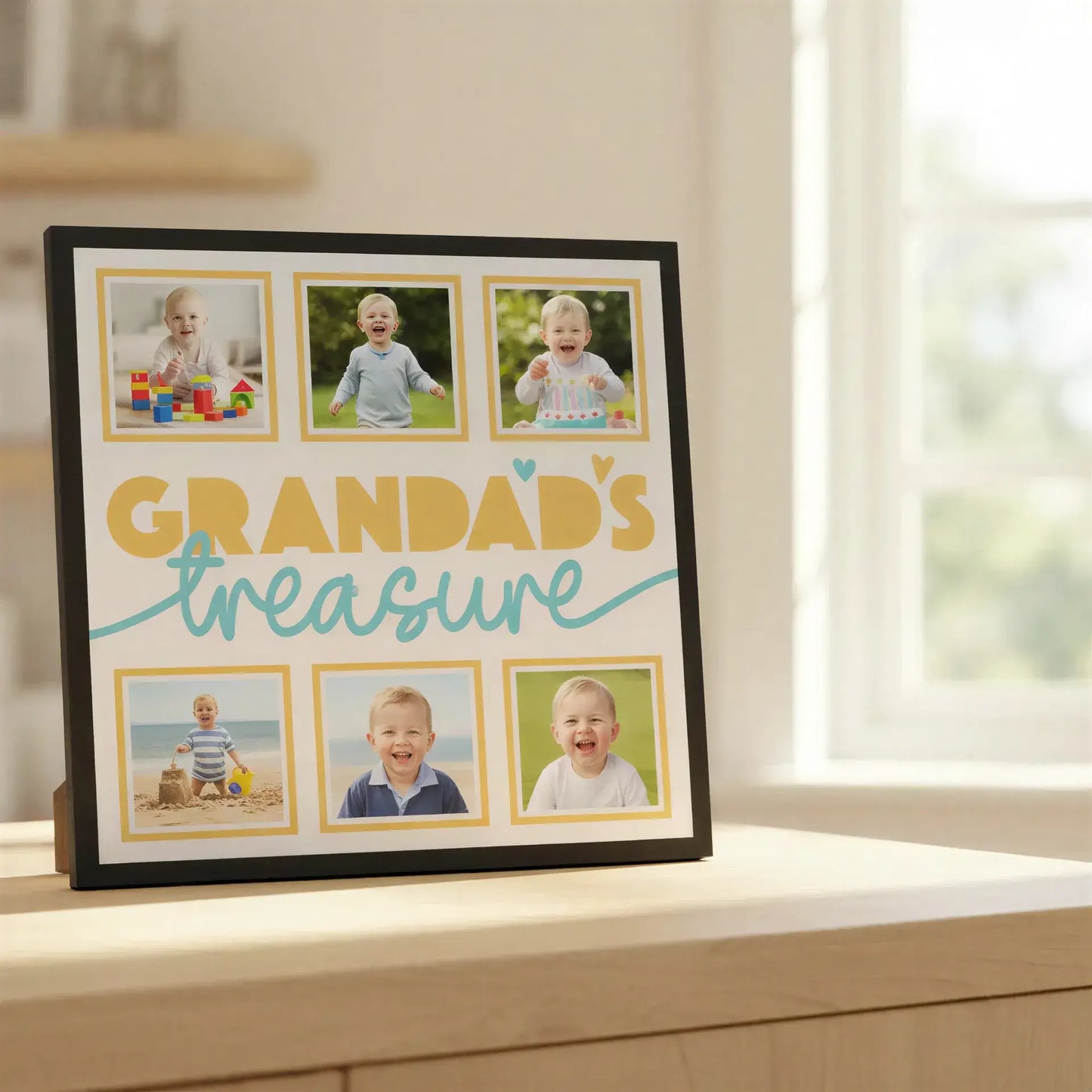 Design template with 'Grandad's treasure' text and placeholders for images on a light blue background.