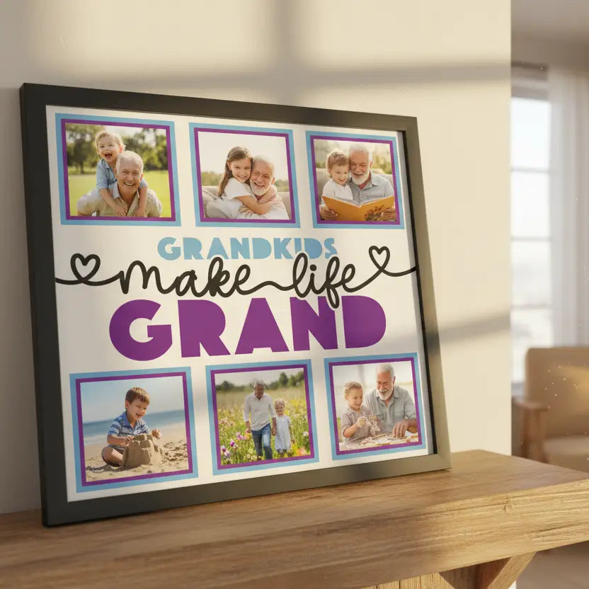 Decorative sign with text 'Grandkids make life grand' and placeholders for photos on a white background.