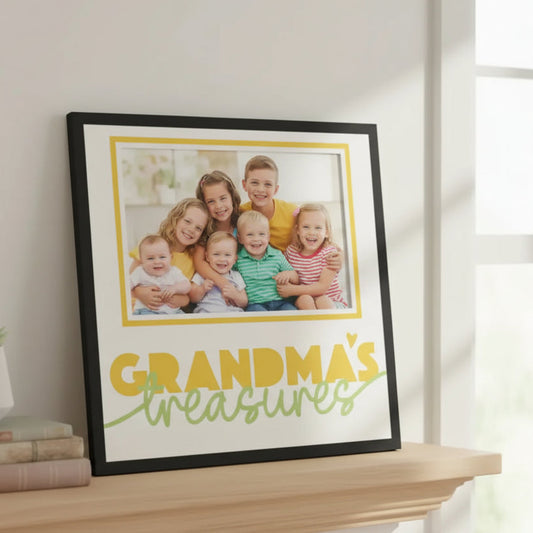 Decorative sign with 'Grandma's Treasures' text and a yellow square placeholder on a white background.