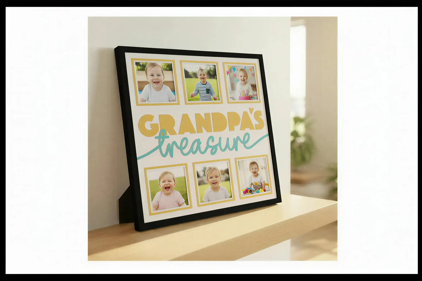 Design template with 'Grandpa's treasure' text and placeholders for images on a light blue and beige background.