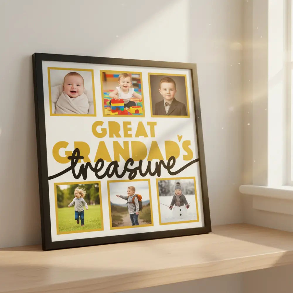 Decorative sign with 'GREAT GRANDAD'S treasure' text on a white background