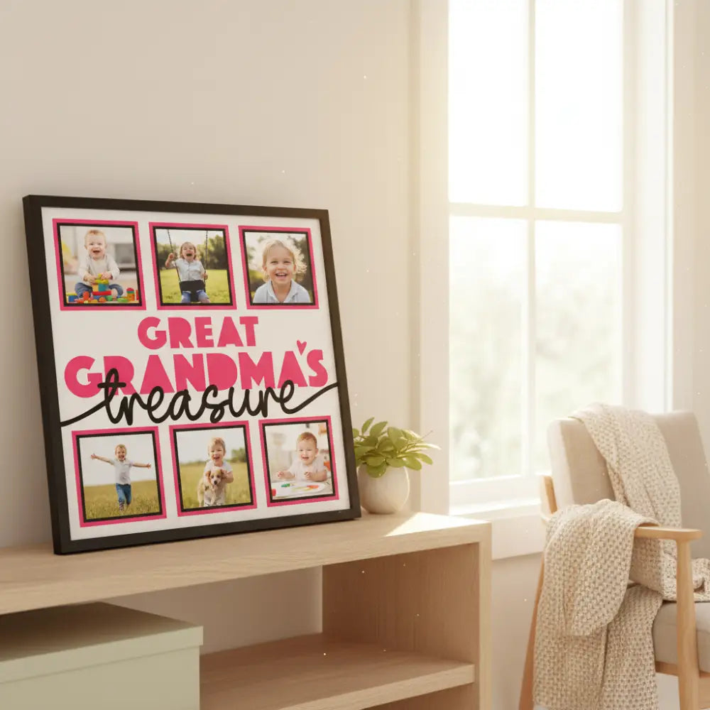 Design template for 'Great Grandma's treasure' with pink frames and text.