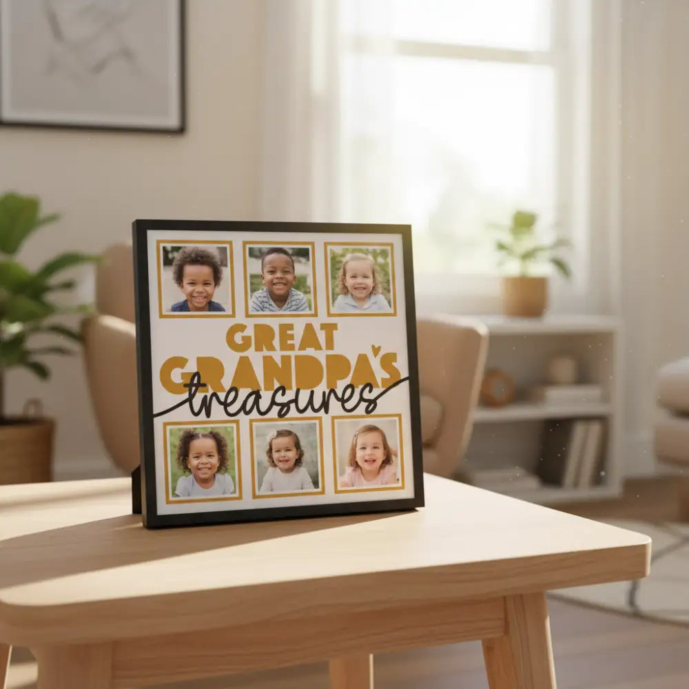 Decorative scrapbook layout with 'Great Grandpa's Treasures' text and photo frames.
