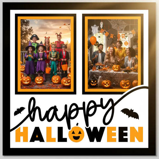 Halloween-themed scrapbooking layout with two black frames, 'happy Halloween' text, and pumpkins.