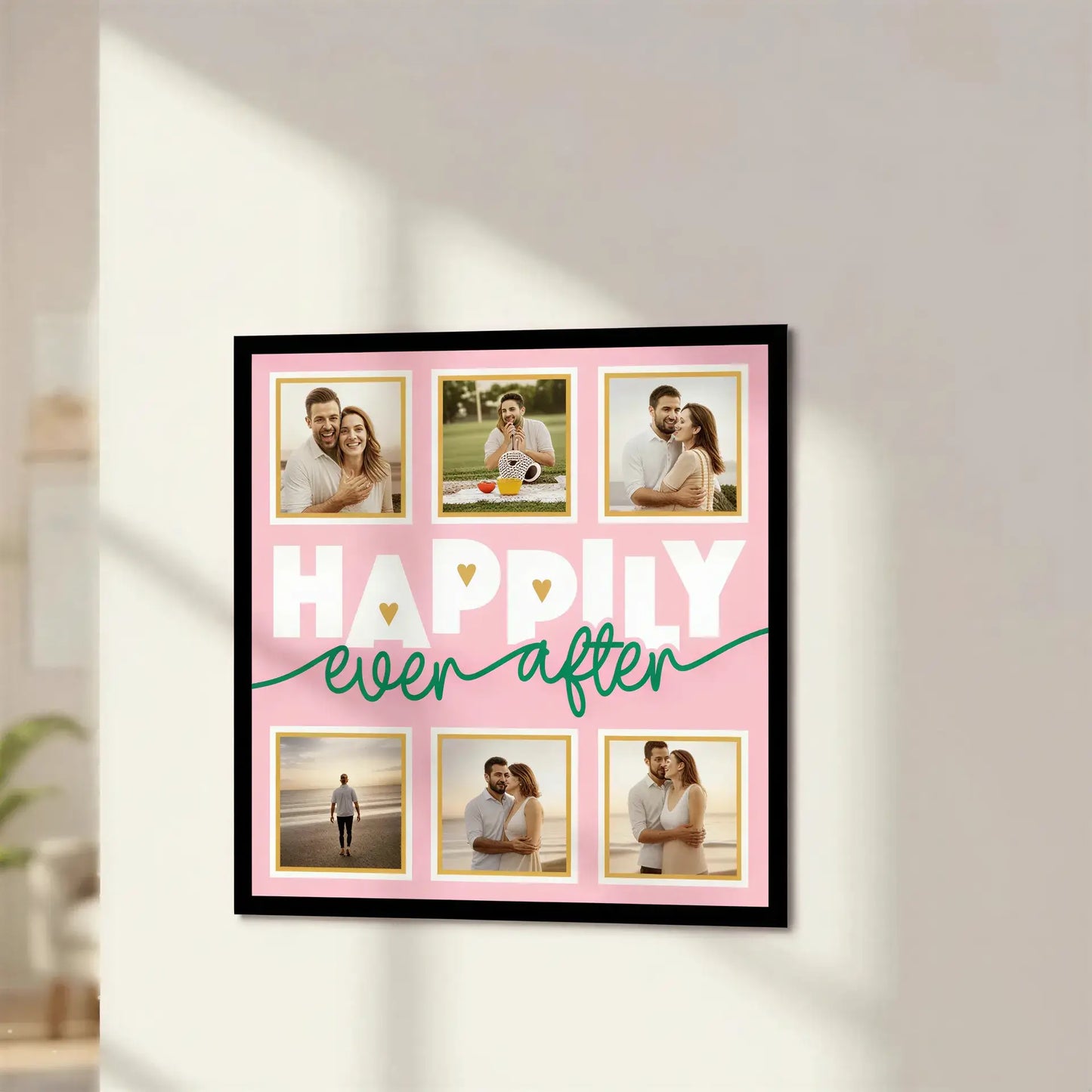 Design template with 'Happily ever after' text on a pink background with gold frames.