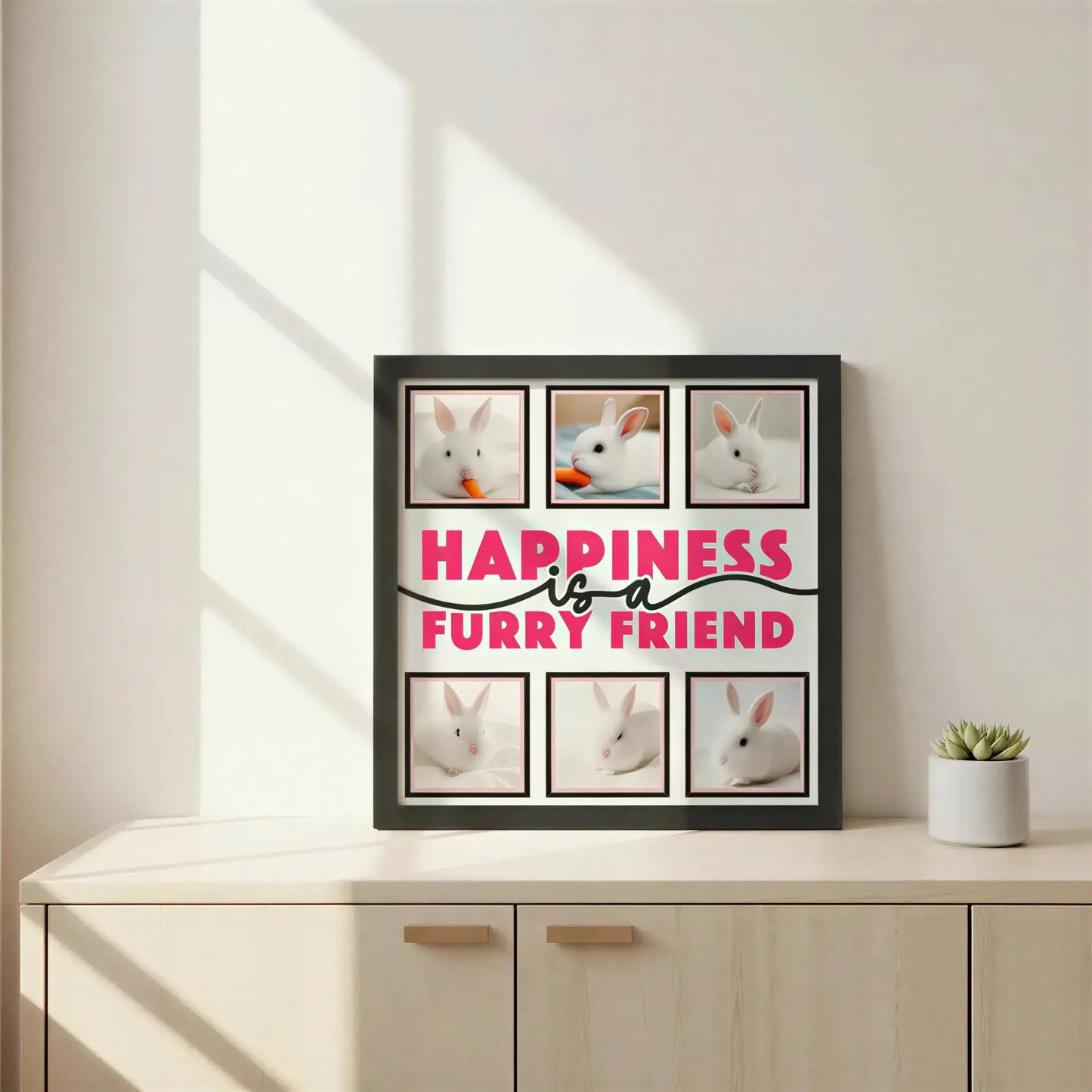 Decorative sign with 'Happiness is a Furry Friend' text and pet photo frames.