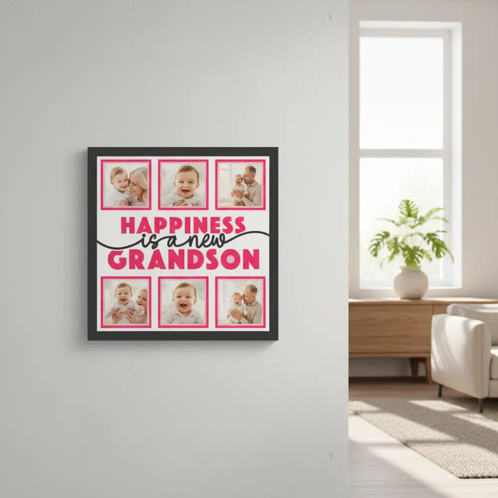 Decorative sign with 'Happiness is a new grandson' text and pink frames on a white background.
