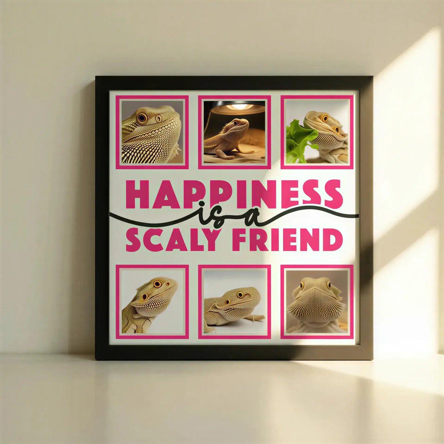 Decorative sign with 'Happiness is a Scaly Friend' text and blank frames.