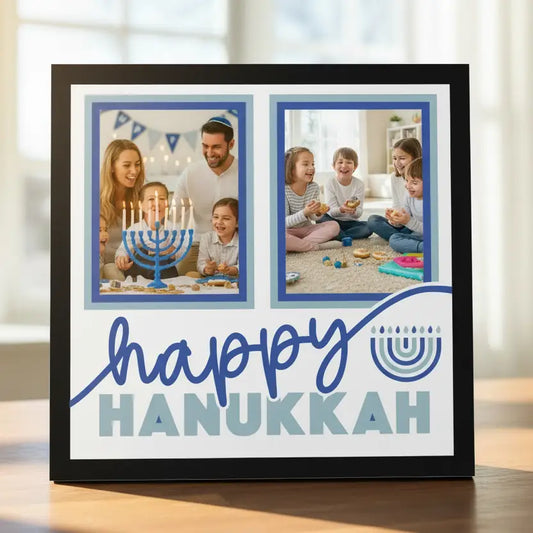 Happy Hanukkah design with two photo frames and a menorah symbol on a blue border.