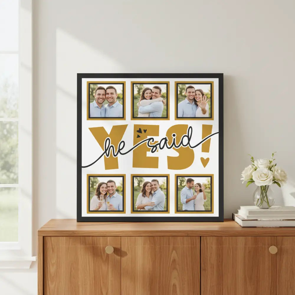 Decorative wall art with 'he said yes!' text and gold frames on a white background