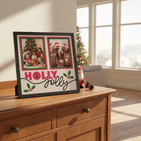 Christmas-themed scrapbook layout with two photo frames and 'Holly jolly' text.