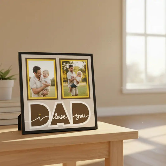Decorative wall art with two picture frames and 'I love you DAD' text on a beige background