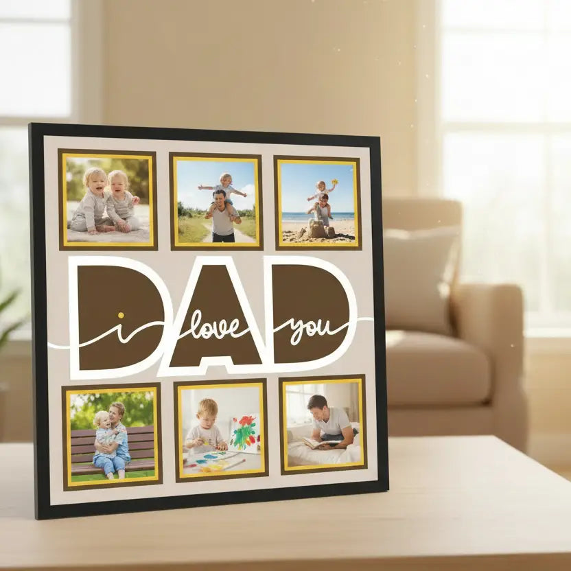 Decorative paper with 'DAD I love you' text and gold frames on a beige background