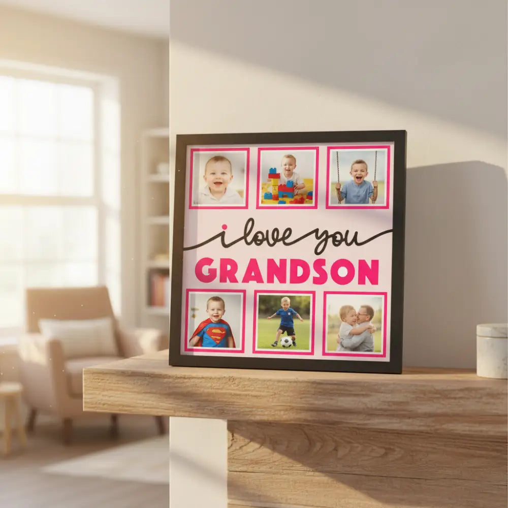 Decorative panel with 'I love you Grandson' text and photo frames on a pink background