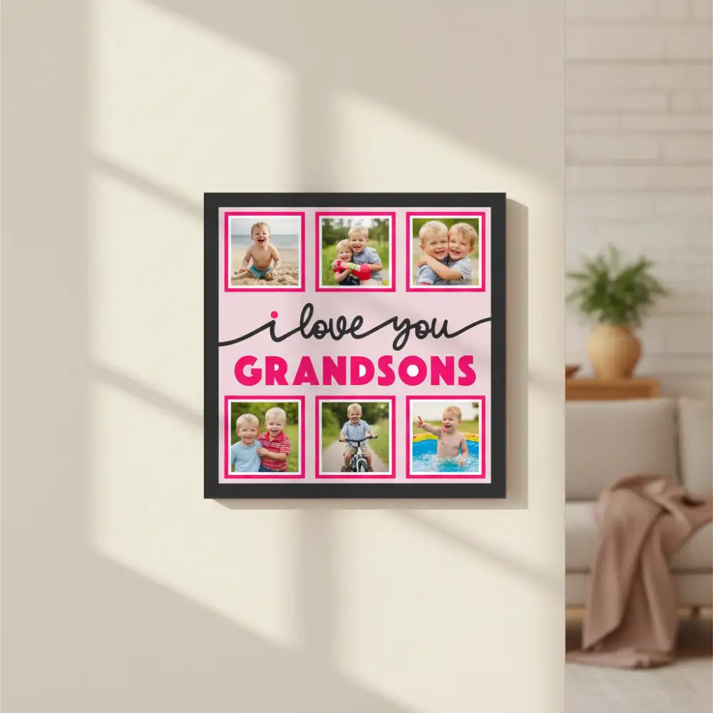 Decorative sign with 'I love you Grandsons' text and photo frames on a pink background